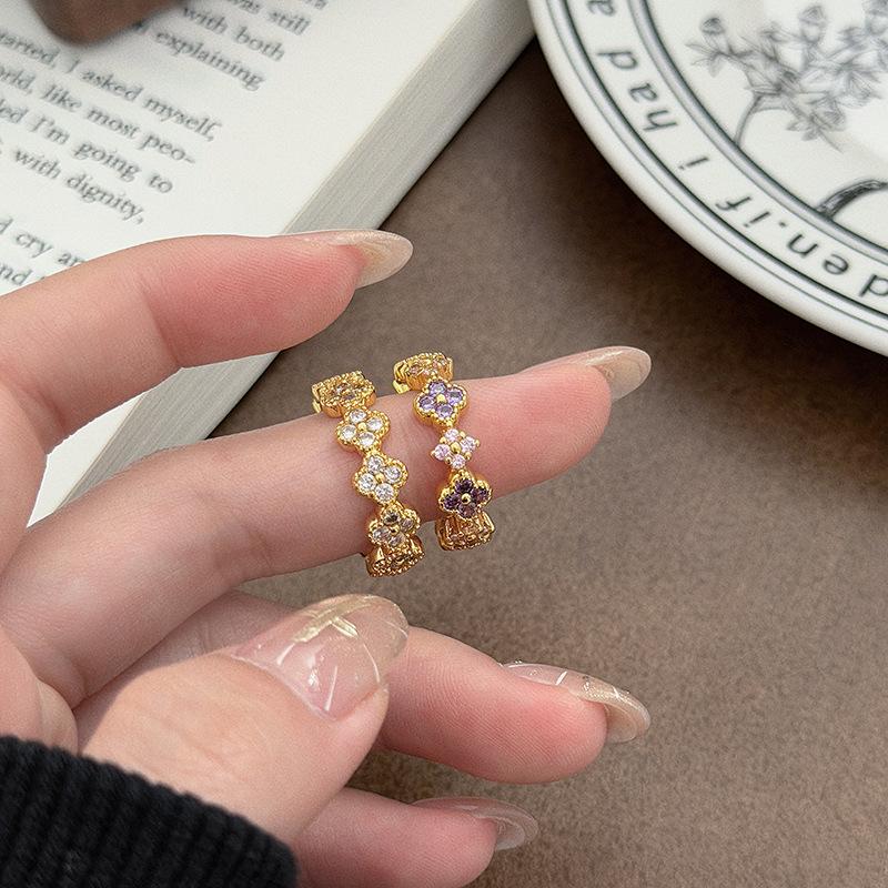 Light Luxury Retro Style Multi-Colored Flower Four-Leaf Clover Full Of Diamonds Zir*****Pen Ring Small Flower Niche Design Stacked Ring