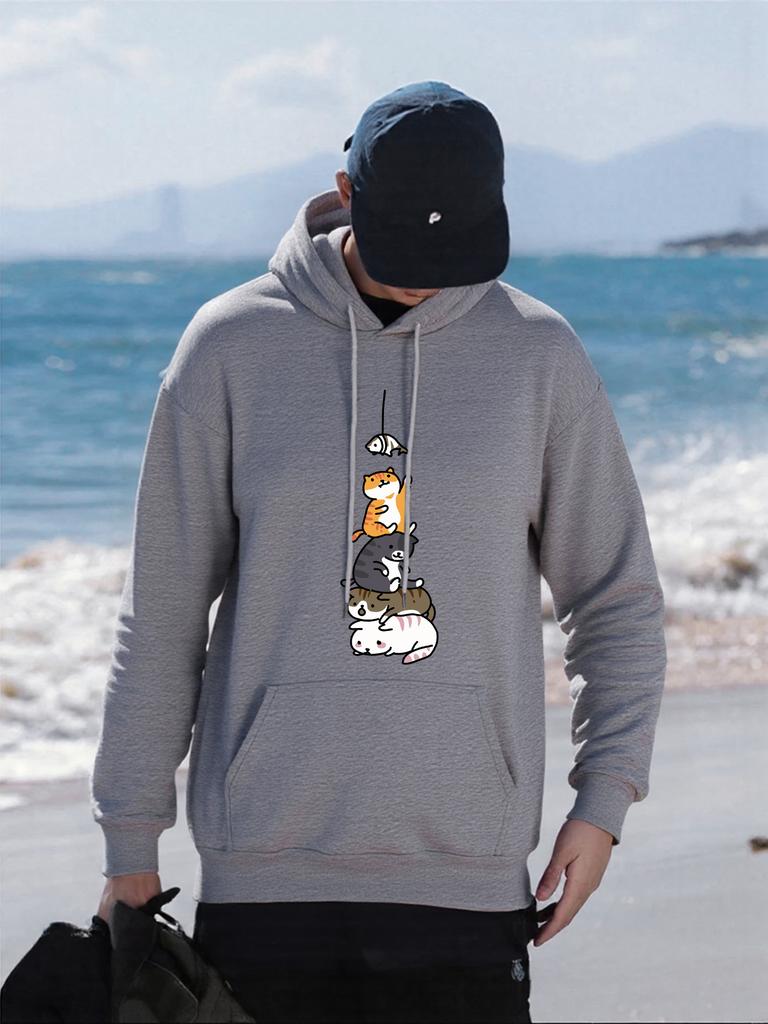 Fish Catching Cats Printed Men Hoodies Multicolor Fleece Pullover All-Match Pocket Hoody Hip Hop Oversized Male Streetwear