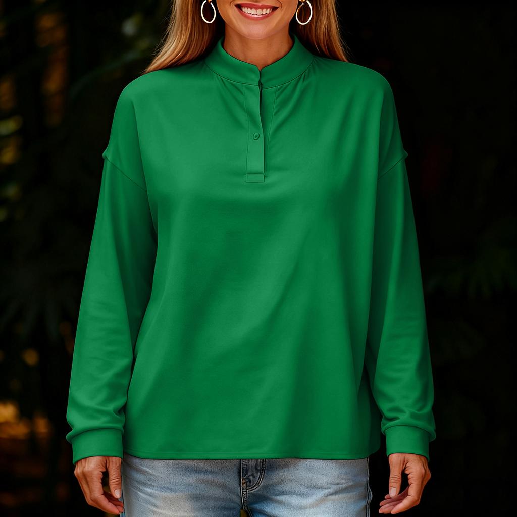 Женская модная и повседневная свободная однотонная блузка с длинным рукавом и круглым вырезом на пуговицах