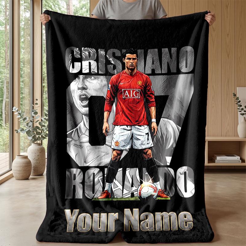 Cristiano Ronaldo Custom Name Text Flannel Blanket Soccer Logo Personalized Fleece Throw Blanket Special Gift For Sofa Bedroom Home