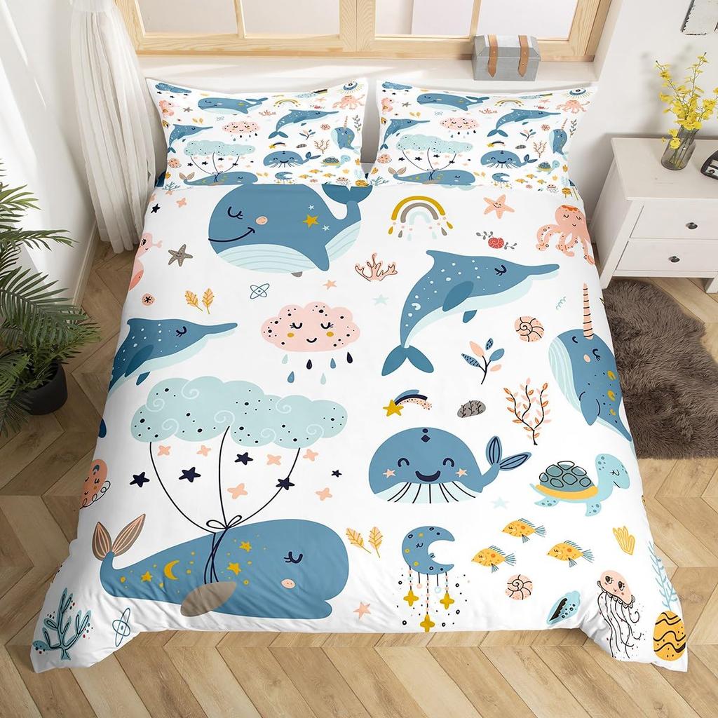 Blue Sea Whale Duvet Cover King Full Cartoon Ocean Animal Kids Bedding Set Coastal Beach Comforter Cover Ocean Waves Quilt Cover