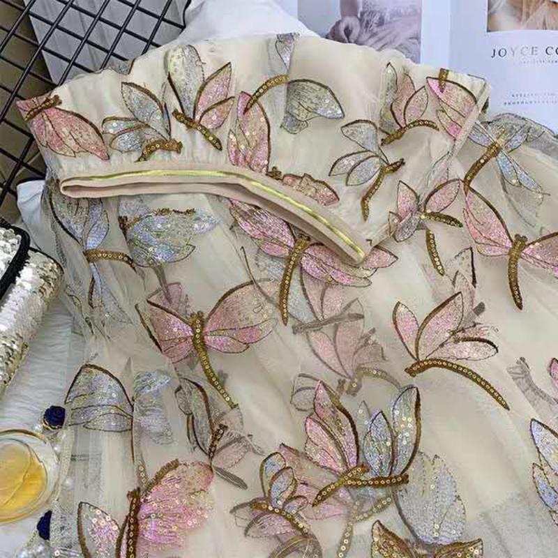 Heavy Industry Sequin Embroidery Women's Skirt Draped Mesh Skirt Medium Length Fashion Solid Color Versatile Pleated A-line Super Fairy Skirts