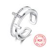 Double Layer White Zircon Cross Ring for Women Real 925 Sterling Silver Open Adjustable Finger Rings Party Wedding Jewelry
