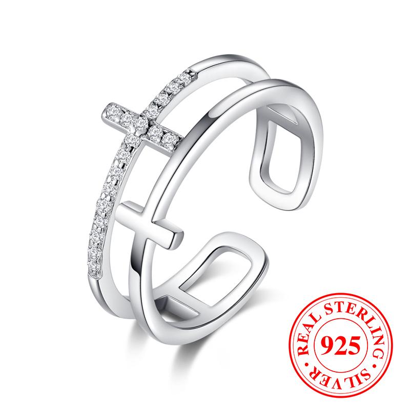 Двухслойное белое циркониевое крестообразное кольцо для женщин из настоящего серебра 925 пробы, открытые регулируемые кольца для пальцев, украшения для вечеринки и свадьбы
