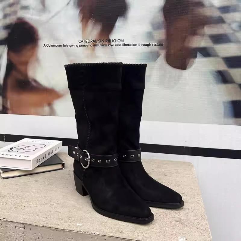 Версия из коровьей кожи Белый Олень та же кожа толстый каблук полусапоги ретро пряжка на ремне острый носок западные ковбойские сапоги рыцарские сапоги