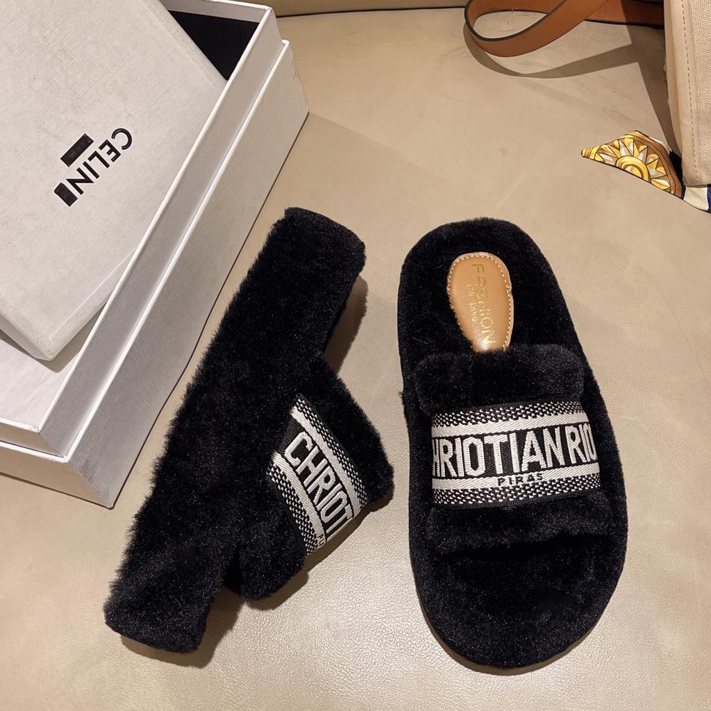 Fashion Female Slippers Large Size Women Plush Open Toe Flat Furry Slippers Fashion Flat Cotton Shoe Non Slip Warm Slippers Women Winter