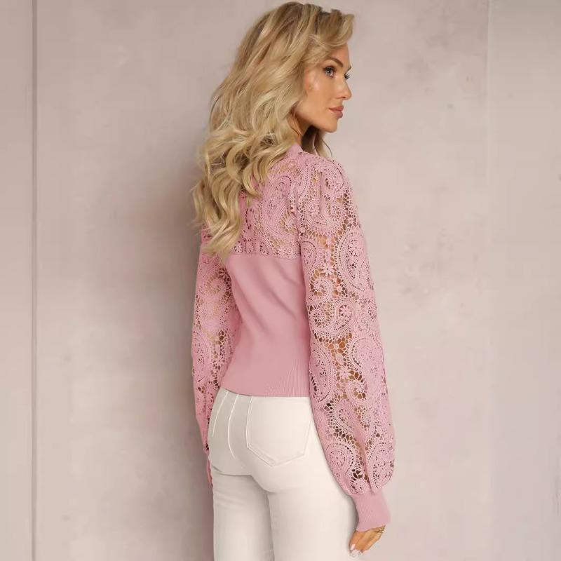 Весенние кружевные рубашки с длинным рукавом, женские, однотонные, с круглым вырезом, винтажные, элегантные, облегающие, повседневные, блузки для женщин, модные, простые, женские, рубашки, топы 26459