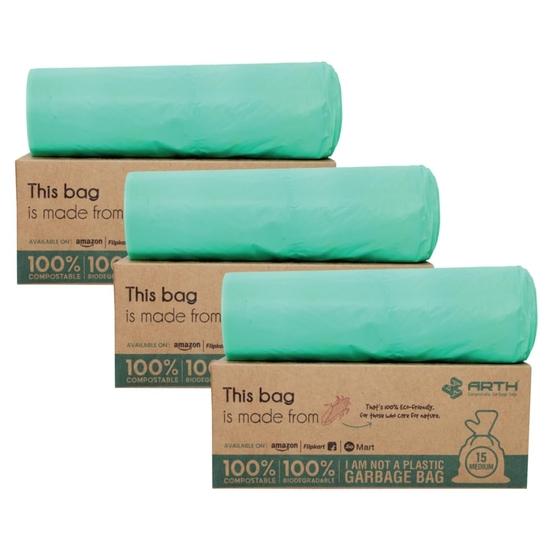 ARTH Compostable Garbage Bag Medium 19 X 21 In, 45 Bags Pack of 3, Eco Friendly, Leak Resistant Garbage Bags