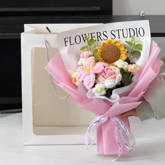 Crochet Flower Bouquet Handmade Knitted Cotton Thread Flowers Artificial Sunflower Wildflower Bouquet for Valentine's Day Anniversary Birthday