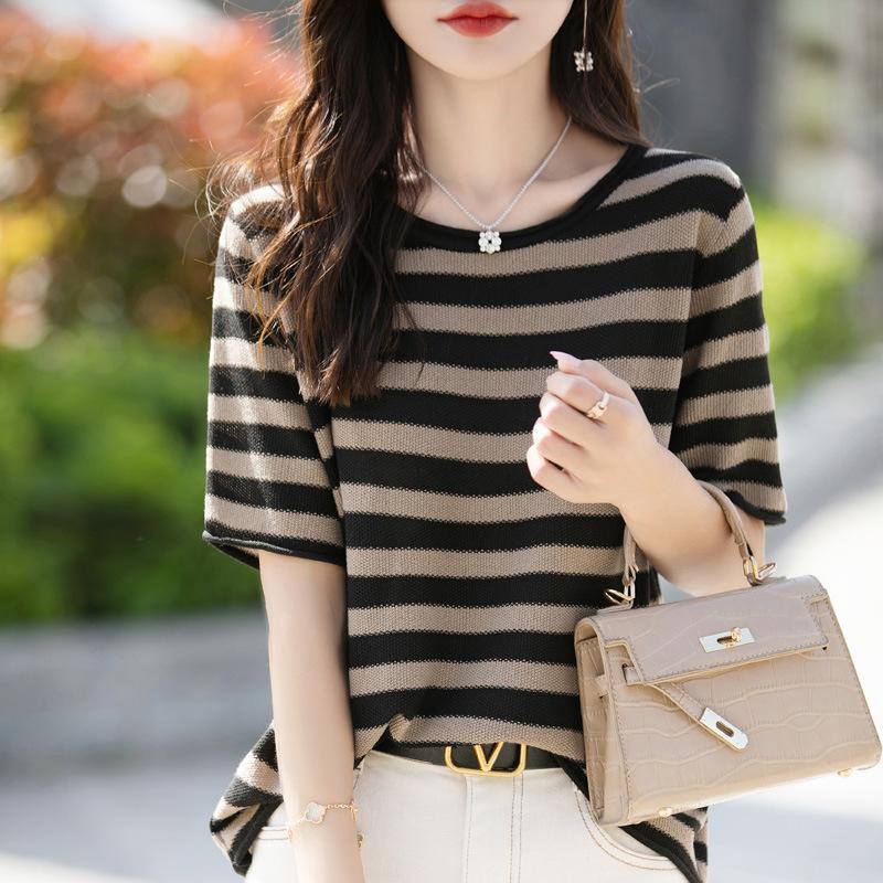 Pure Cotton Crew Neck Striped Stylishable Versatile Contrasting Color Age-reducing Short-sleeved Summer Latest Everyday Top