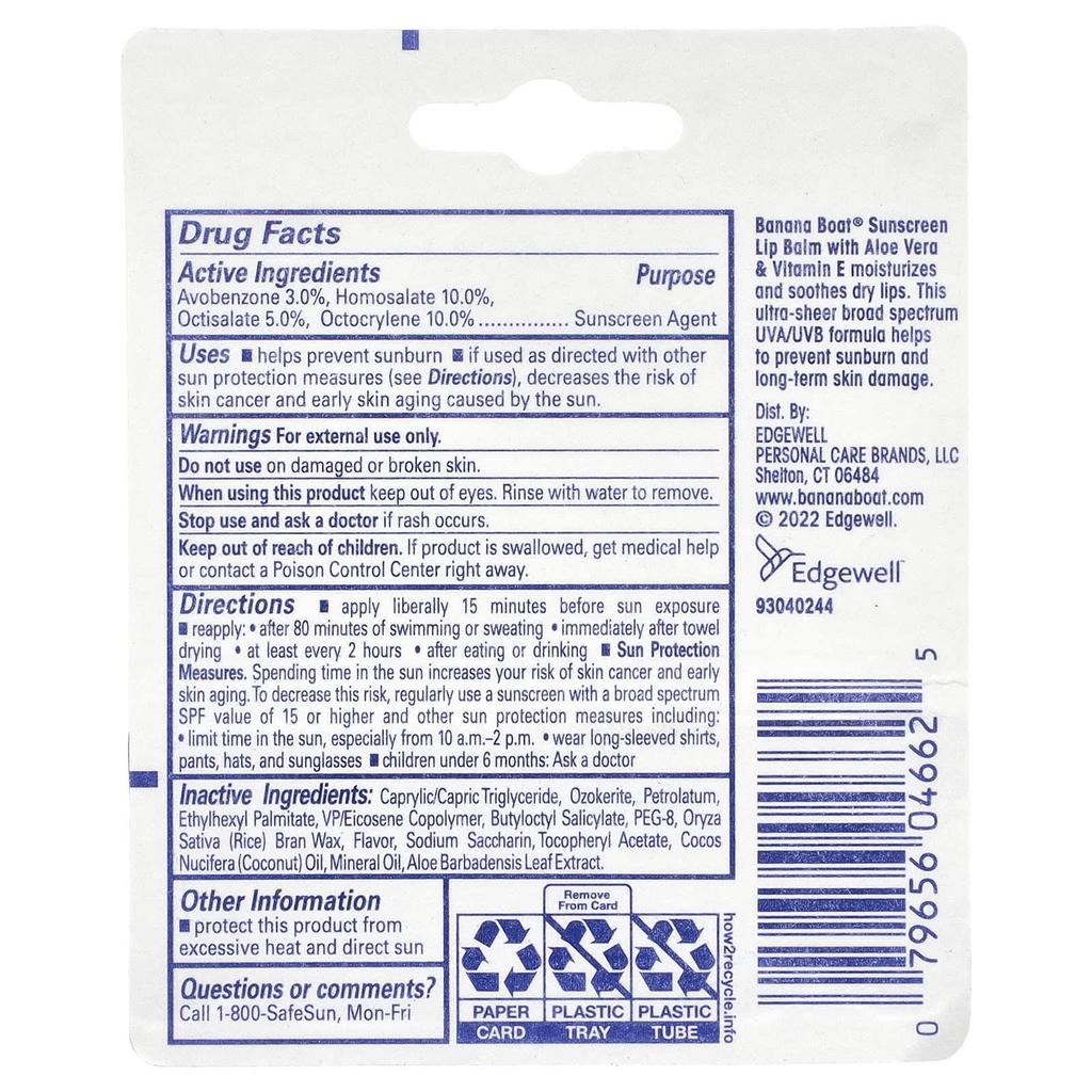 Banana Boat Бальзам для губ с защитой от УФ-излучения, содержит алоэ вера, витамин Е, SPF45, 4,25 г (0,15 унции)