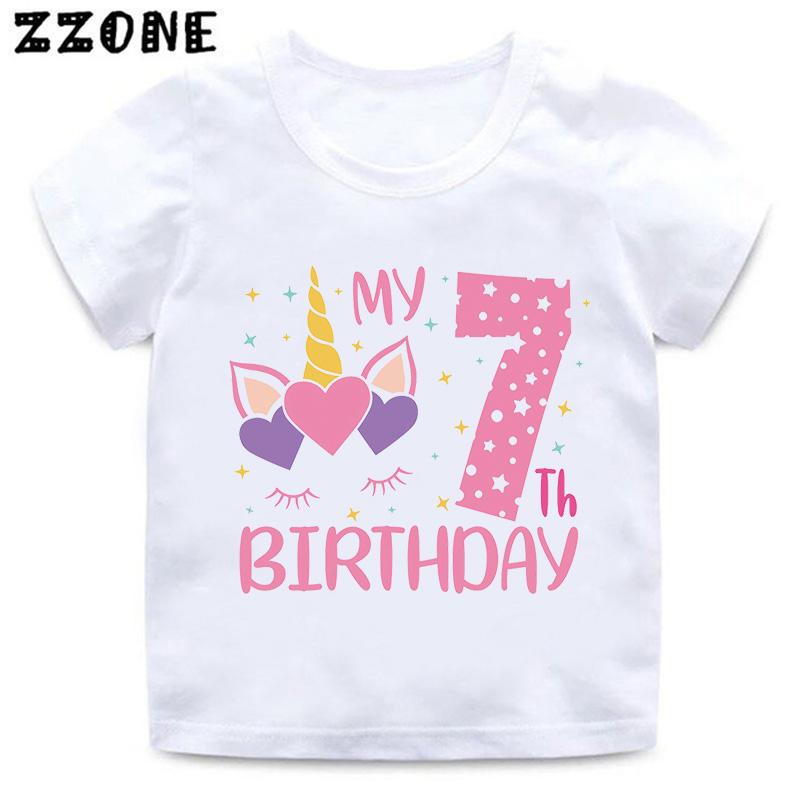 My 1 2 3 4 5 6 7 8 9 th Years Birthday Unicorn Print Cute Girls Clothes Summer Short Sleeve Kids T shirt Baby Boys TShirts
