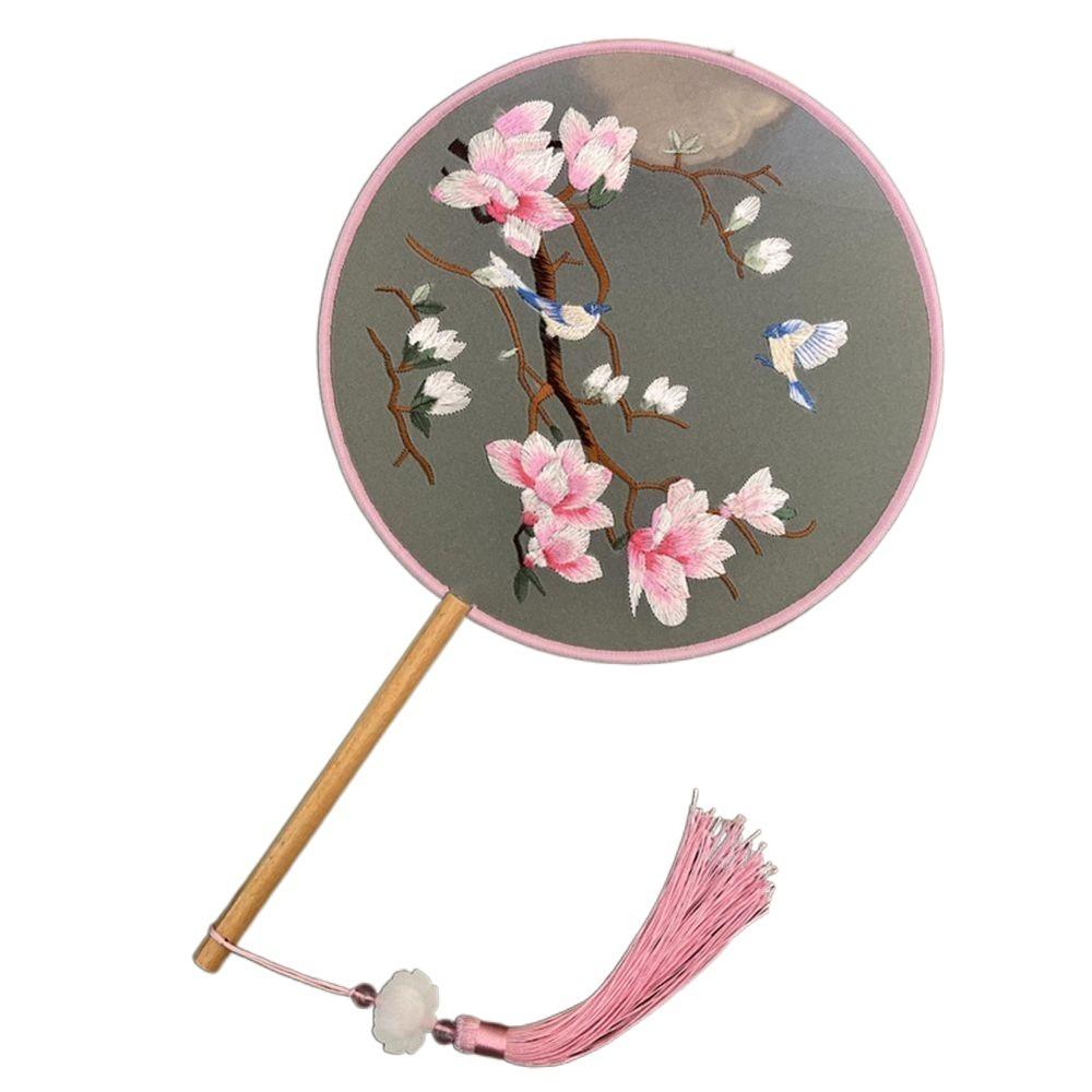 Round Double Sided Embroidery Fan Chinese Style Flower Silk Fan Vintage Hanfu Hand Fan for Guests