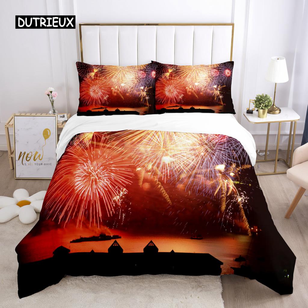 Пододеяльник Firework Queen Size, комплект постельного белья с разноцветными огнями, микрофибра, тема «Празднование Рождества», мягкий чехол для одеяла