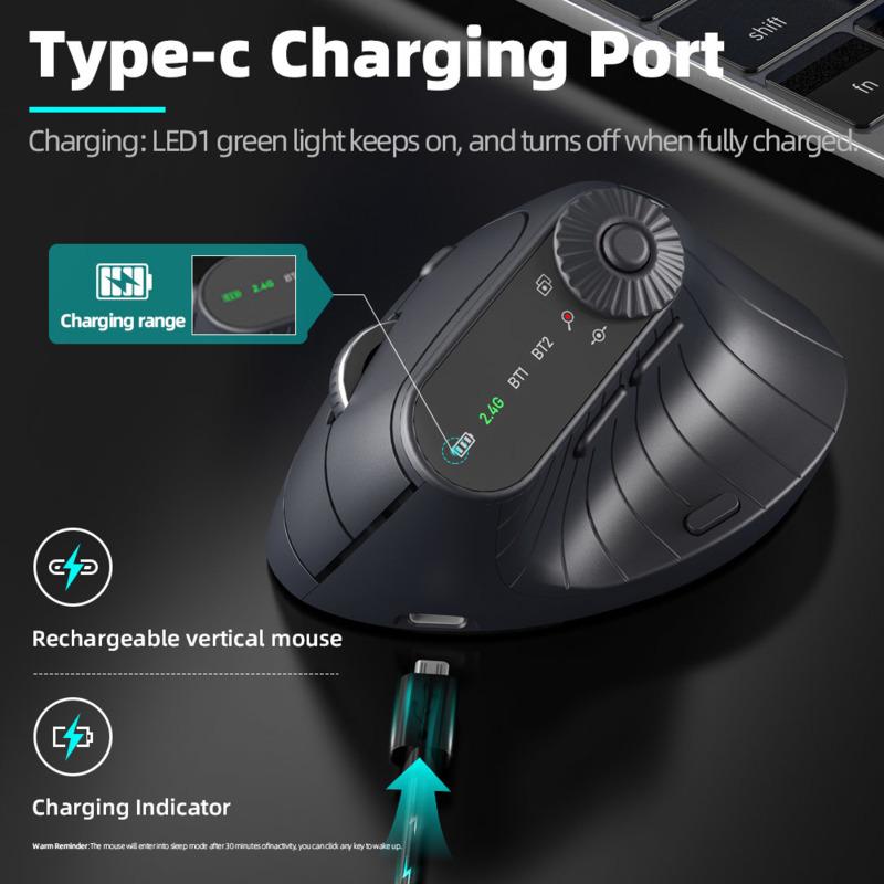 Multi-Device Vertical Ergonomic Mouse With Function Adjustment Kno Rechargeable 2.4G Bluetooth Wireless Mouse for PC Tablet
