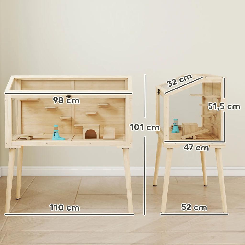 PawHut Wooden Hamster Cage with Opening Roof, Seven Platforms and Two Swings, 110 x 52 x 101 cm, Natural Wood Finish