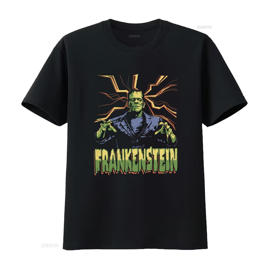 Universal Monsters Frankenstein Lightning Background Black Adult T Shirt vintage Washed fashion homme Versatile Stretched
