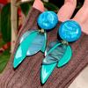 Handmade Pop Art Blue-Green Leaf Stud Earrings for Women