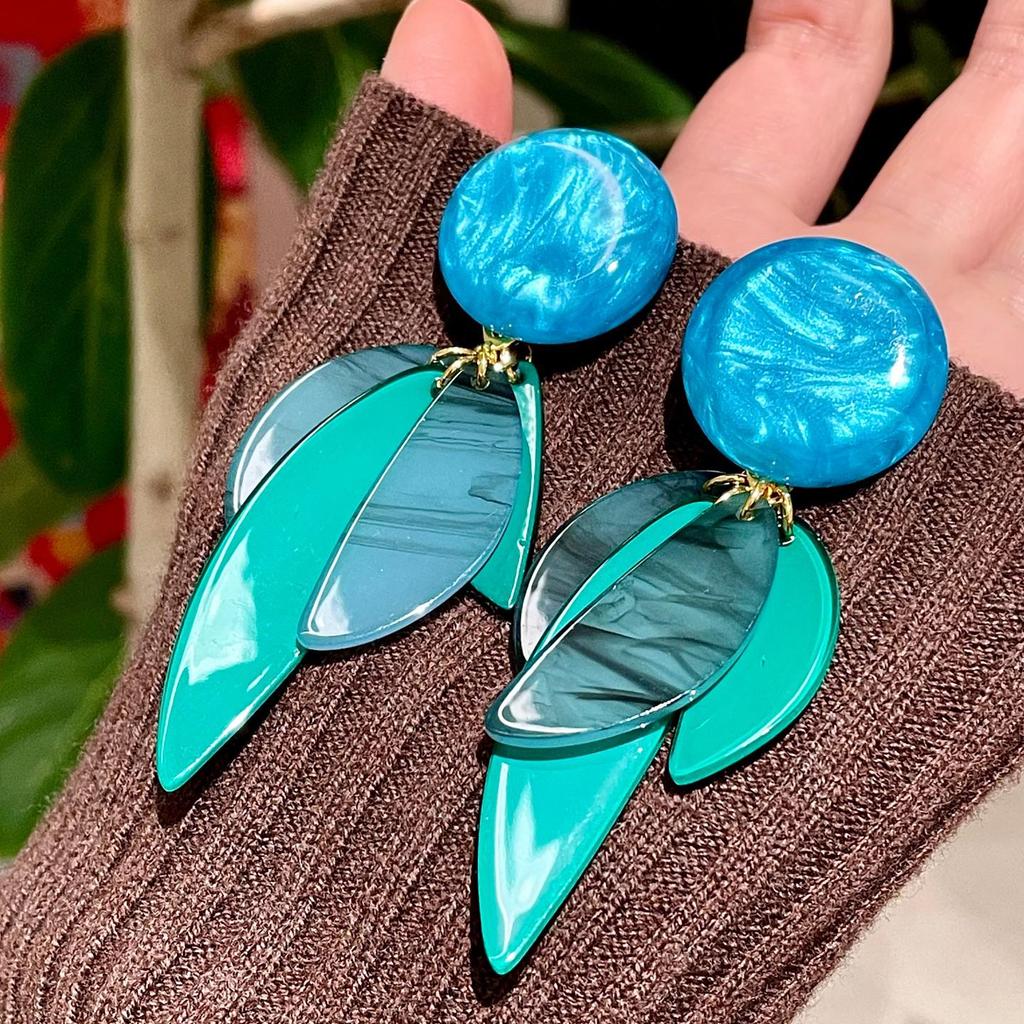 Handmade Pop Art Blue-Green Leaf Stud Earrings for Women