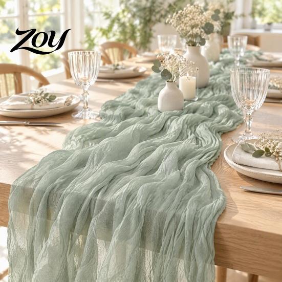 Vintage Farmhouse Table Runner Cheesecloth Runner, Rustic Boho 35 x 118 Inches Special Occasion Solid Color Wrinkled for Wedding Party Bridal
