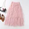 Long Maxi Skirt Women Fashion Korean Cute Pink High Waist Pleated Skirt Mesh Female Lady Aesthetic Faldas