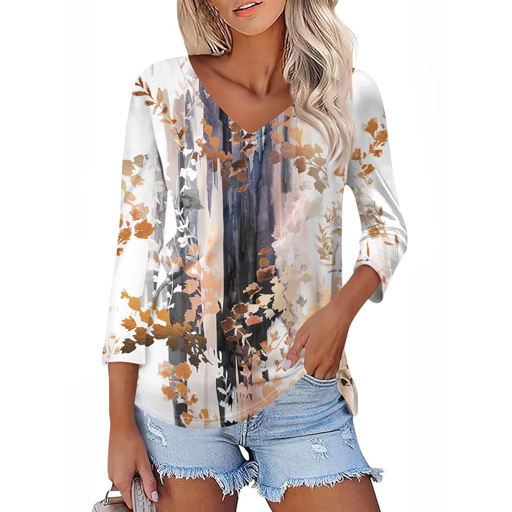 Женская футболка Футболка с принтом Рукав 3/4 Повседневные Выходные Мода Классический V-образный вырез Обычный Топ