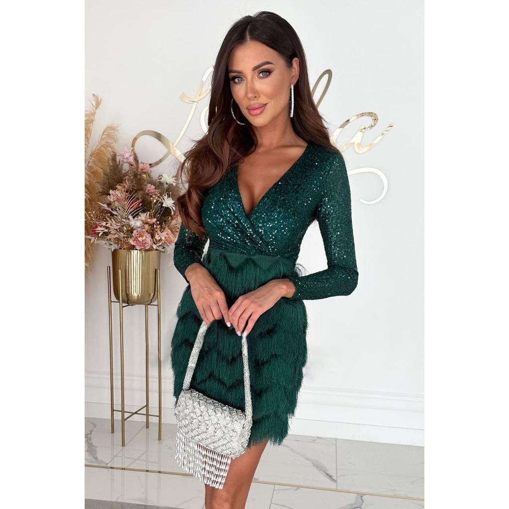 Women V Neck Long Sleeve Sequin Mini Dress Solid Color A‑Line Mid Waist Party Evening Short Dress