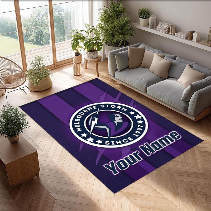 Melbourne Storm Crystal Velvet Rug, Custom Name Text Personalized Non‑Slip Floor Mat for Home Decor Gift