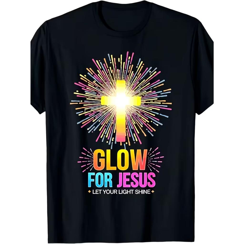 Женская футболка 'Shine for Jesus, Let Your Light Shine' - Винтажная христианская футболка с узором, Яркий крест и светящиеся линии