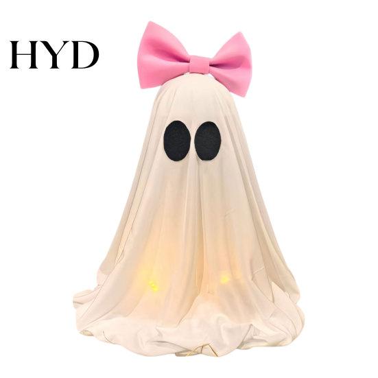 Living Room Halloween Decor LED Ghost Decoration, Pink Bow Tabletop Ornament, Soft With Warm Lights Fabric Haunted House with Glow for Home Round Eyes
