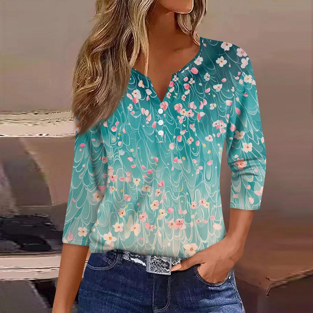Жен. Футболка С принтом Пуговицы Рукав 3/4 Повседневные Выходные Мода Классический Классический V-образный вырез Обычный Верх