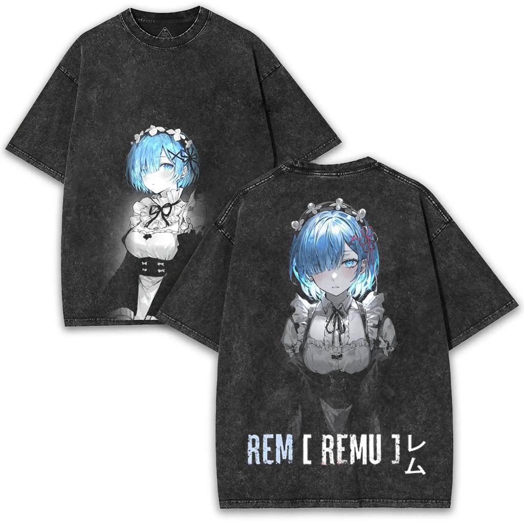 Anime Re:ZERO Rem T-shirt For Men's Clothing Gothic Y2k Washed Oversized T Shirt Summer Short Sleeve O-Neck Polyester Tees Tops