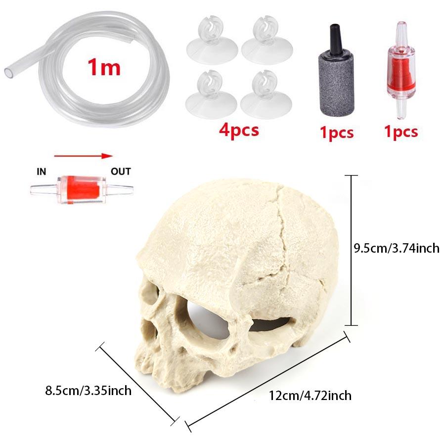 1 Set Resin Skull Aquarium Decor – Fish, Shrimp & Reptile Breeding Cave with Built-in Bubbler Stone for Oxygenation | Halloween Fish Tank Ornament