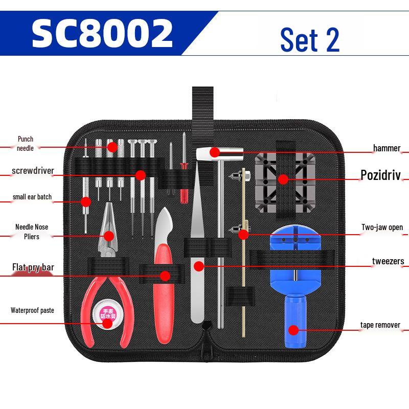 Набор инструментов для ремонта механических часов: снятие корпуса, ремешка, регулировка звеньев и замена батарейки.