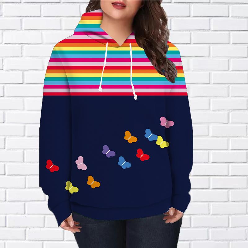 Женская мода Разноцветный принт с бабочками Свободные топы с капюшоном Блузка Свитшот Повседневный длинный рукав Пуловер Топы