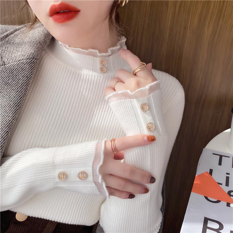 Кружевная рубашка для женской осенне-зимней домашней одежды, свитер с высоким воротом, белый трикотажный топ