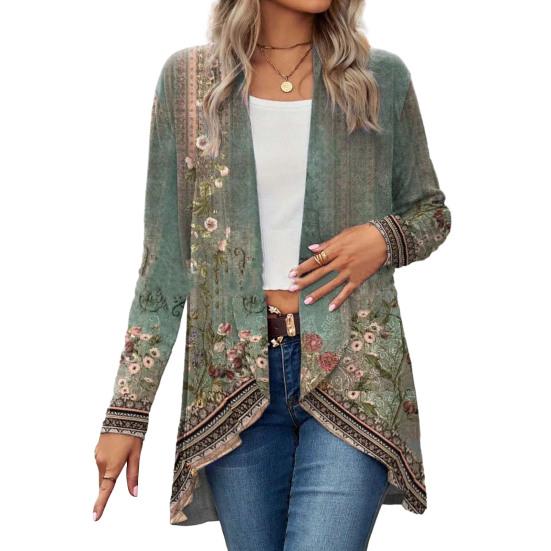 Женское весенне-осеннее пальто-кардиган с длинными рукавами без воротника, пальто средней длины с неровным подолом, верхняя одежда с открытым передом и цветочным принтом
