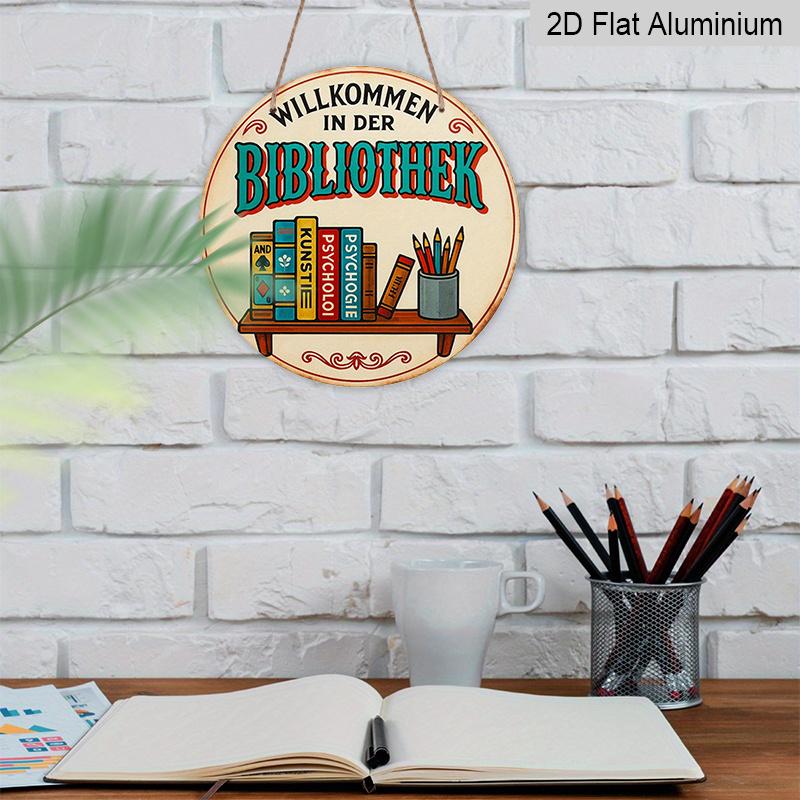 2D Flat, 1pc 7.87x7.87 Inch Round Aluminum Sign, Vintage "Library" Aluminum Plaque, Study Room Decor Sign, Suitable for Decorating Study Rooms