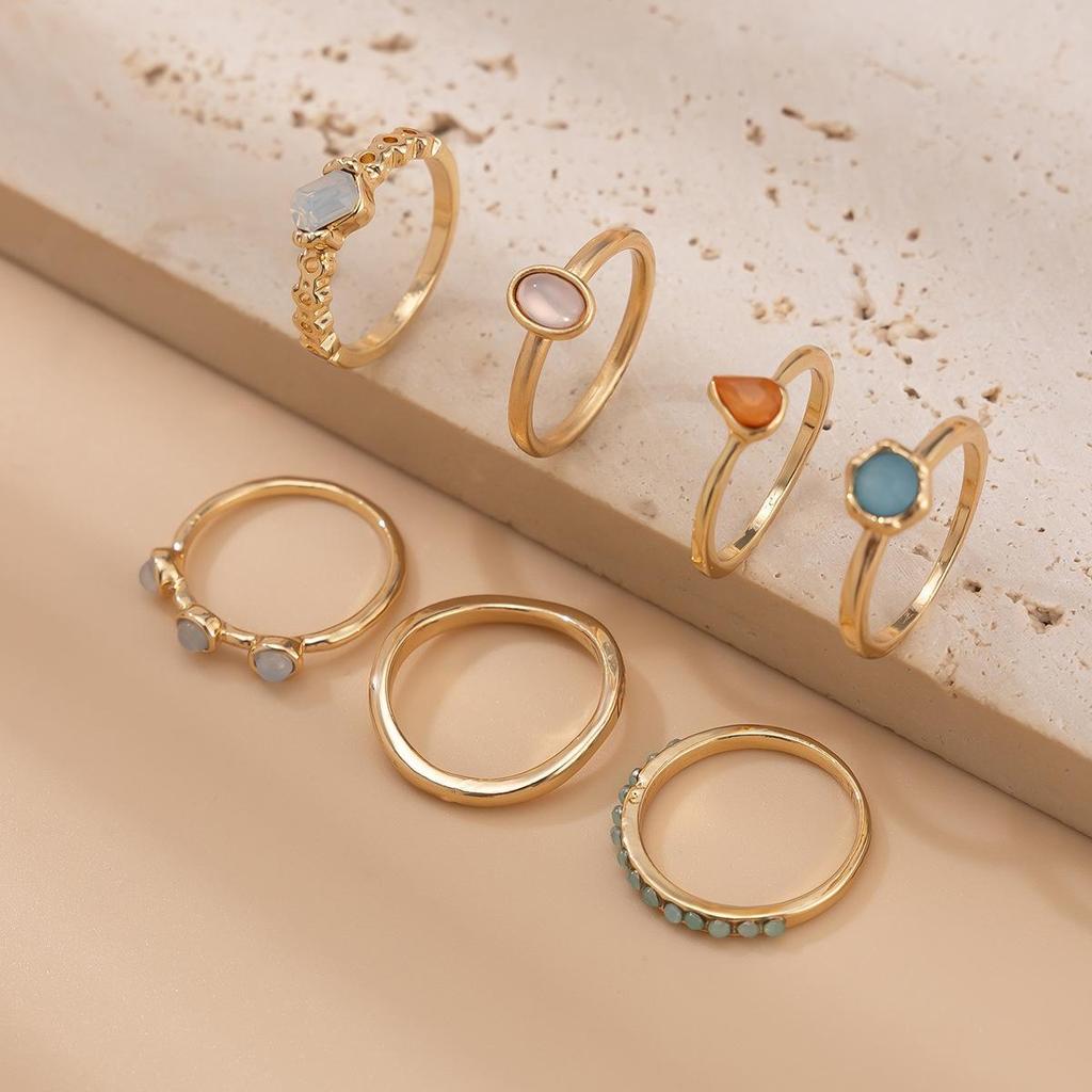 European & American Cold Style Gemstone Irregular Metal Ring Set
