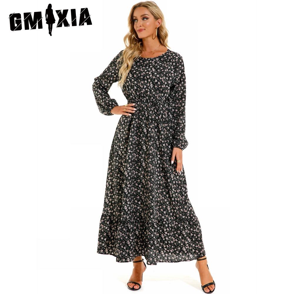 GMXIA Весна Лето Богемный Женское Макси Платье Повседневный Длинный Рукав Высокая Талия Пляжное Платье Женские Цветочные Шифоновые Платья Vestidoes Mujer Новинка