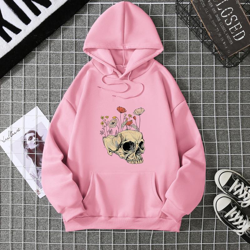 Women's Halloween Skull Hoodie: 2026 Autumn/Winter Loose Fit Plus Velvet Long Sleeve