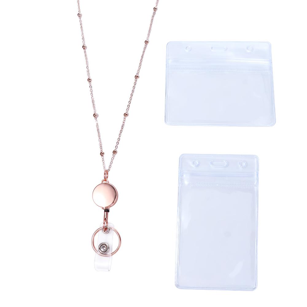 Name Card Keychain Office Supplies Badge Holder Necklace DIY Beaded Lanyard with ID Card Holders Retractable Badge Reel Lanyard