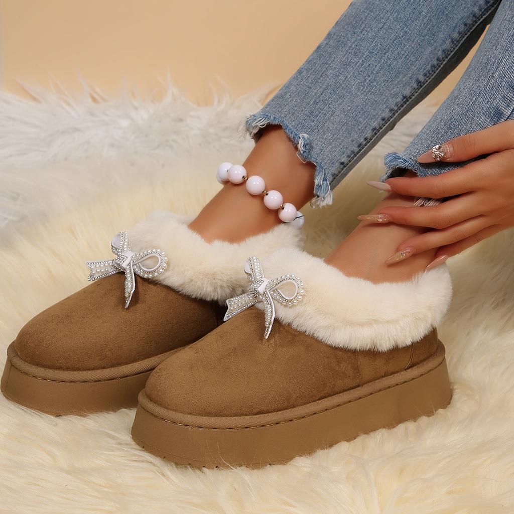 Thick Bottom Fluffy Fur Snow Boots Women 2025 Winter Warm Plush Ankle Boots with Platform Sweet Bowknot New Furry Non Slip Shoes