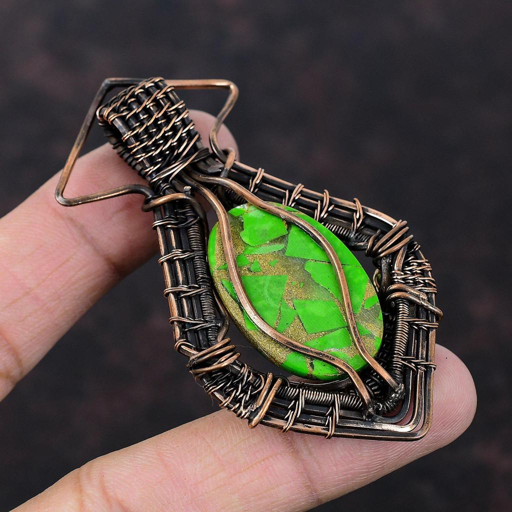 Медный Зеленый Бирюзовый Кулон Медная Проволока Обернутый Кулон Ювелирные Изделия Ручной Работы Подвеска Из Драгоценного Камня Проволочная Обертка Ювелирные Изделия Медные Ювелирные Изделия Подарок Для Женщин