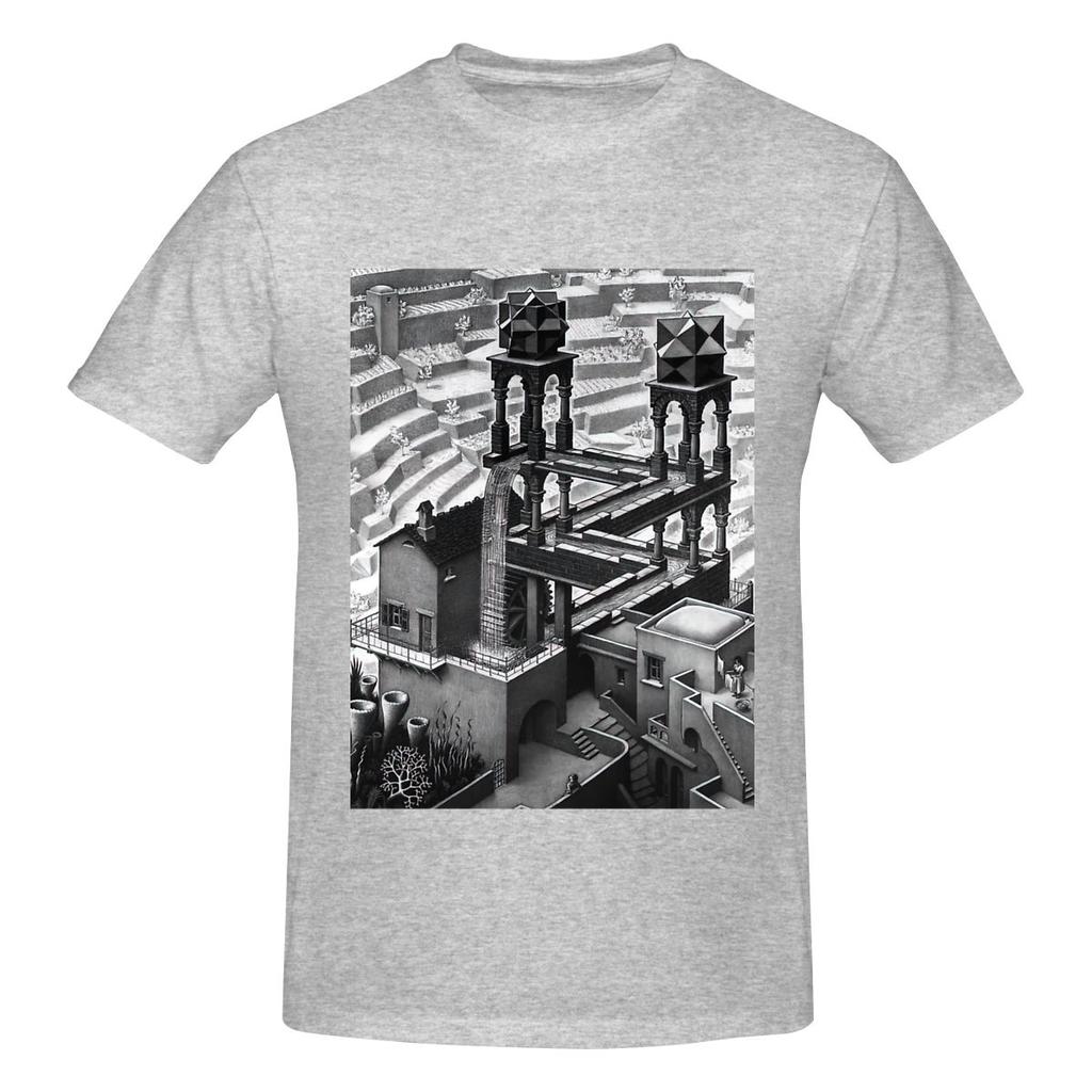 Waterfall By M C Escher American Retro Tshirt Urban Commuting Fashion Sense Basic Tee