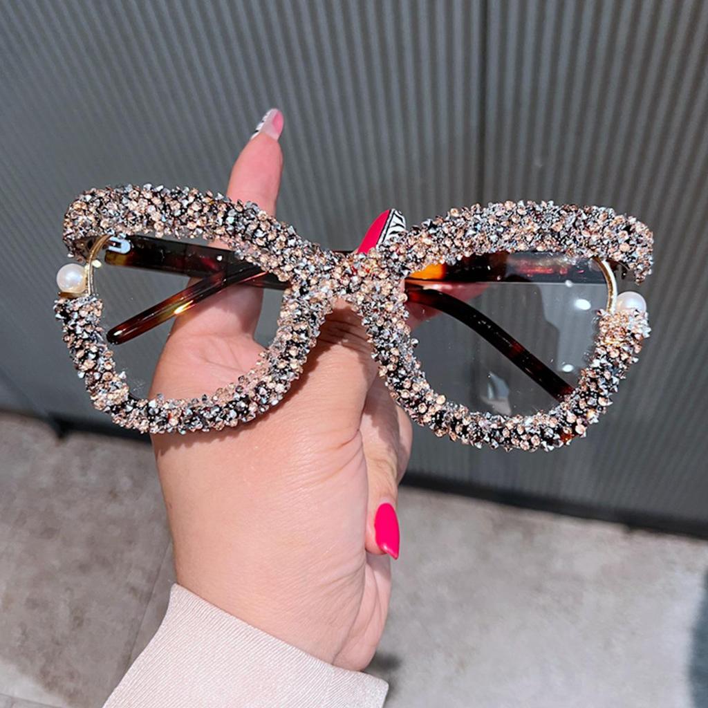 Candy Color Large Frame Pearl Rhinestone Decor Anti-Blue Light Glasses