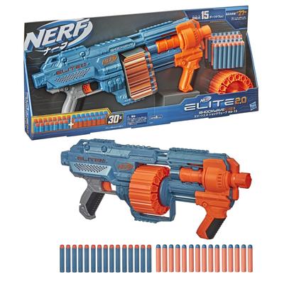 Ручной бластер Nerf Elite 2.0 Shockwave RD-15 поставляется с 30 официальными дротиками, оснащен 15-зарядным вращающимся барабаном для дротиков + тактическим рельсовым помповым механизмом Slam