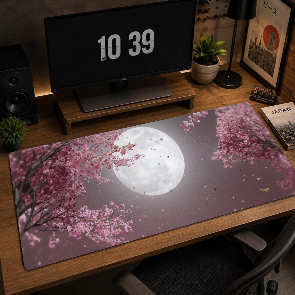 Large XXL Mousepad Cherry Blossom Falling Petals Full Moon Art Deskpad Overlock Stitched Non‑Slip Rubber Keyboard Mouse Mats