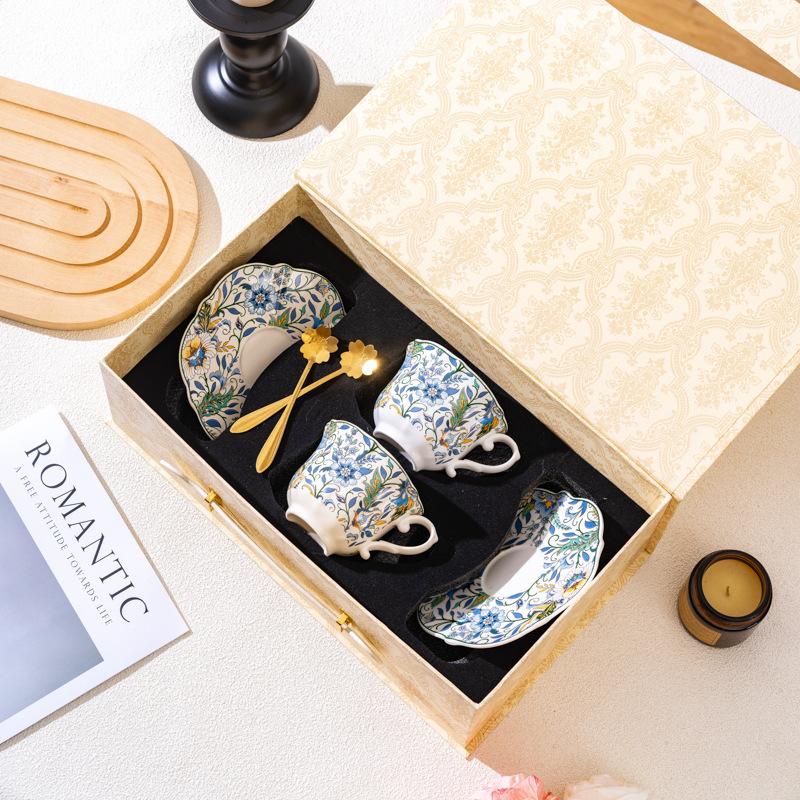 Retro Blue and White Porcelain Series Coffee Cup and Plate Gift Box Set Afternoon Tea Cups and Plates Couple Cups  Birthday Gifts and Souvenirs