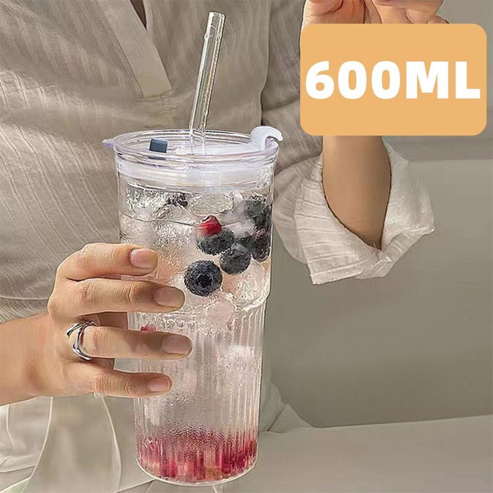 600ml Drinkware Stripe Glass Cup With Lid and Straw Water Cup Fashion Straw Cup for Juice Milk Tea